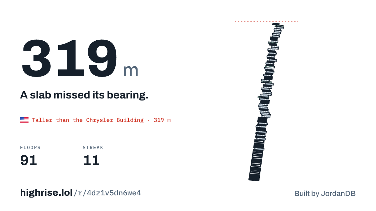 A 319 metre tower of 91 floors. A slab missed its bearing.