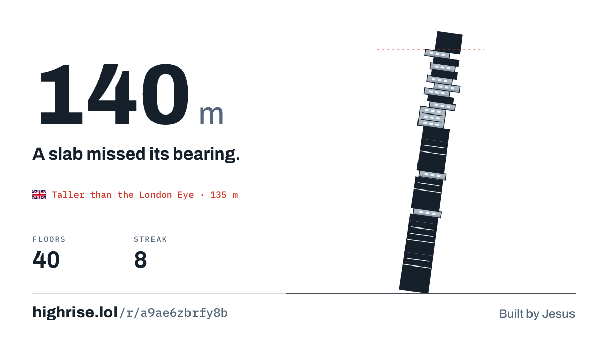 A 140 metre tower of 40 floors. A slab missed its bearing.