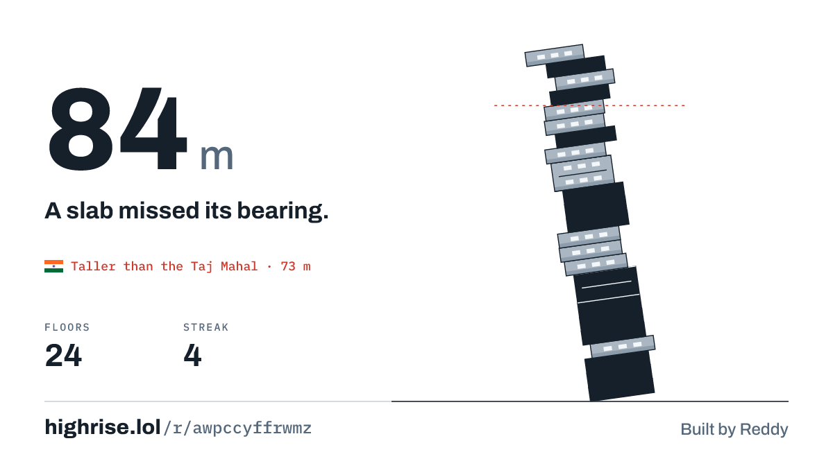 A 84 metre tower of 24 floors. A slab missed its bearing.