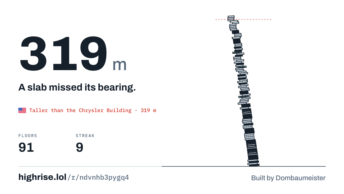 A 319 metre tower of 91 floors. A slab missed its bearing.