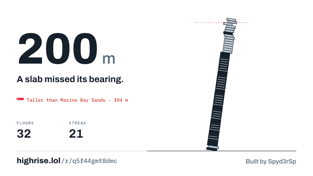 A 200 metre tower of 32 floors. A slab missed its bearing.