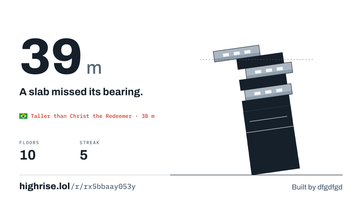A 39 metre tower of 10 floors. A slab missed its bearing.
