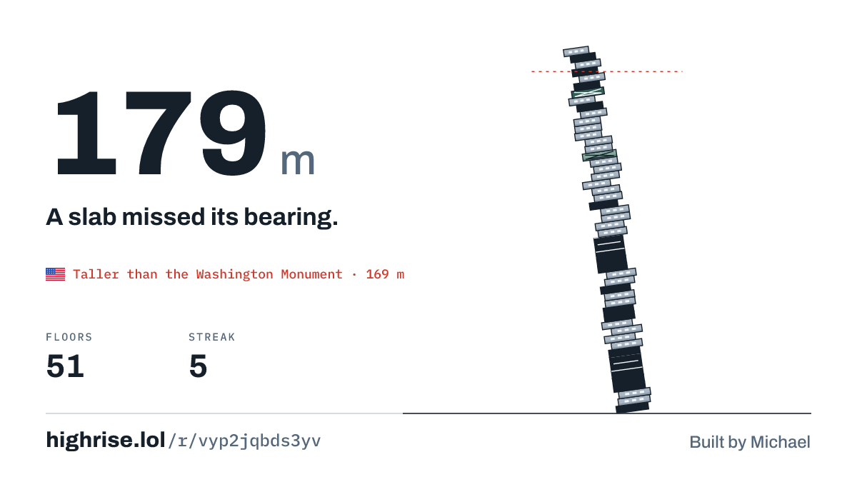A 179 metre tower of 51 floors. A slab missed its bearing.