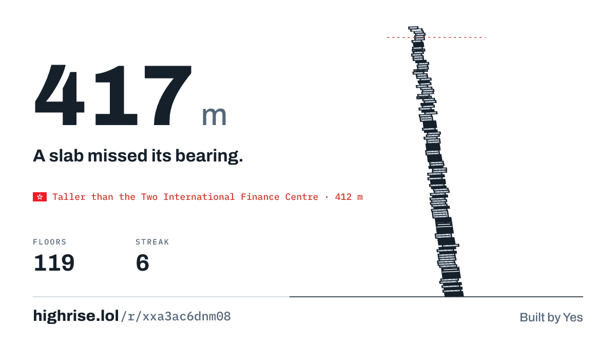 A 417 metre tower of 119 floors. A slab missed its bearing.